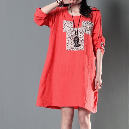 Plus size orange cotton shift dresses summer linen shirt dress sundress - Omychic