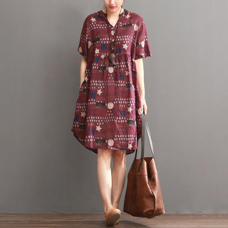 Plus size print summer dress loose fit shift dresses burgundy - Omychic