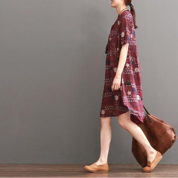 Plus size print summer dress loose fit shift dresses burgundy - Omychic