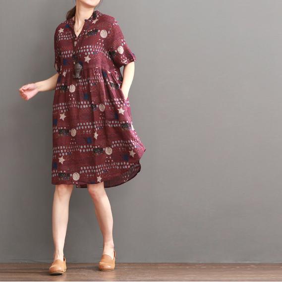 Plus size print summer dress loose fit shift dresses burgundy - Omychic