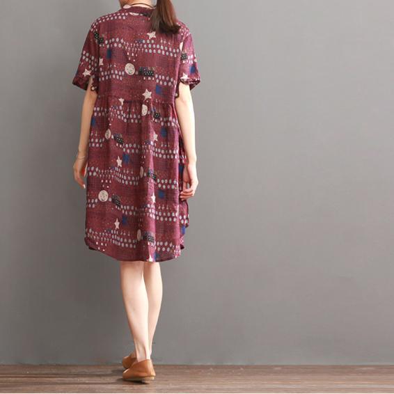 Plus size print summer dress loose fit shift dresses burgundy - Omychic