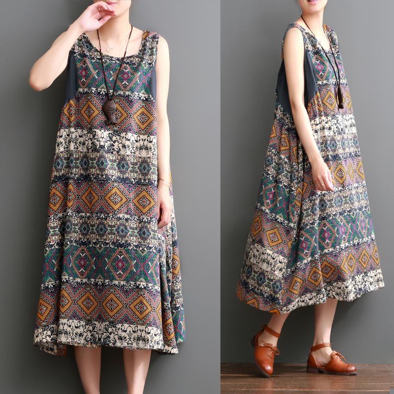 Plus size summer linen dress floral print sleeveless sundress maxi dresses - Omychic