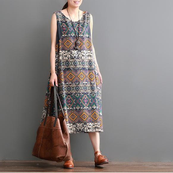 Plus size summer linen dress floral print sleeveless sundress maxi dresses - Omychic