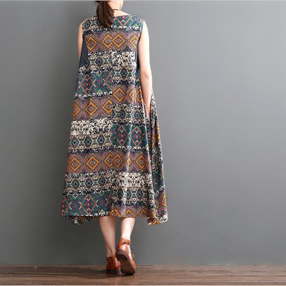 Plus size summer linen dress floral print sleeveless sundress maxi dresses - Omychic