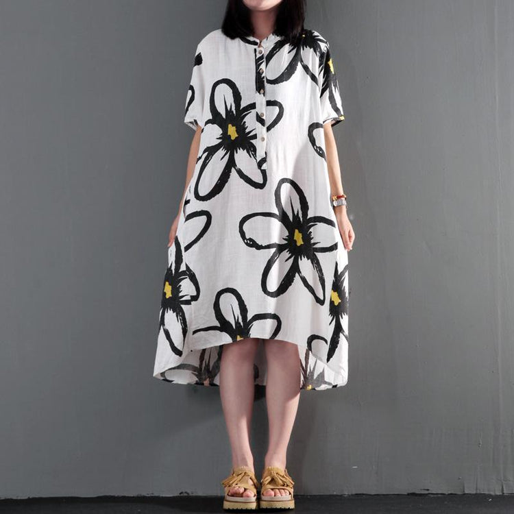Plus size sundress linen summer maxi dress floral shift dresses in white - Omychic