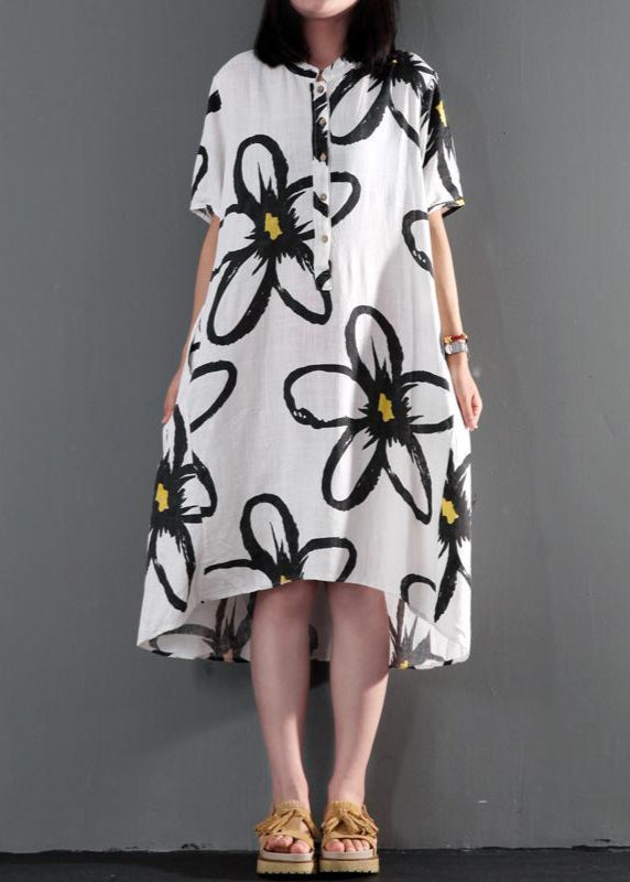 Plus size sundress linen summer maxi dress floral shift dresses in white - Omychic