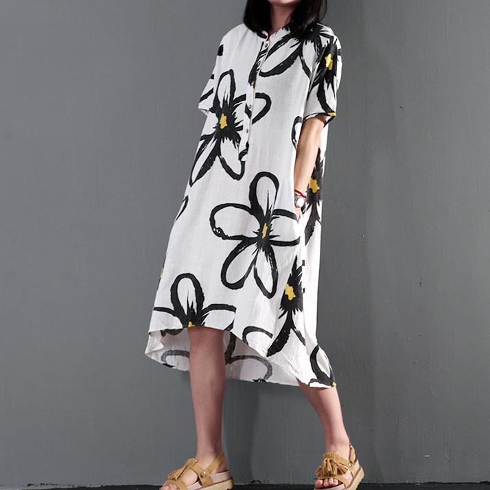 Plus size sundress linen summer maxi dress floral shift dresses in white - Omychic