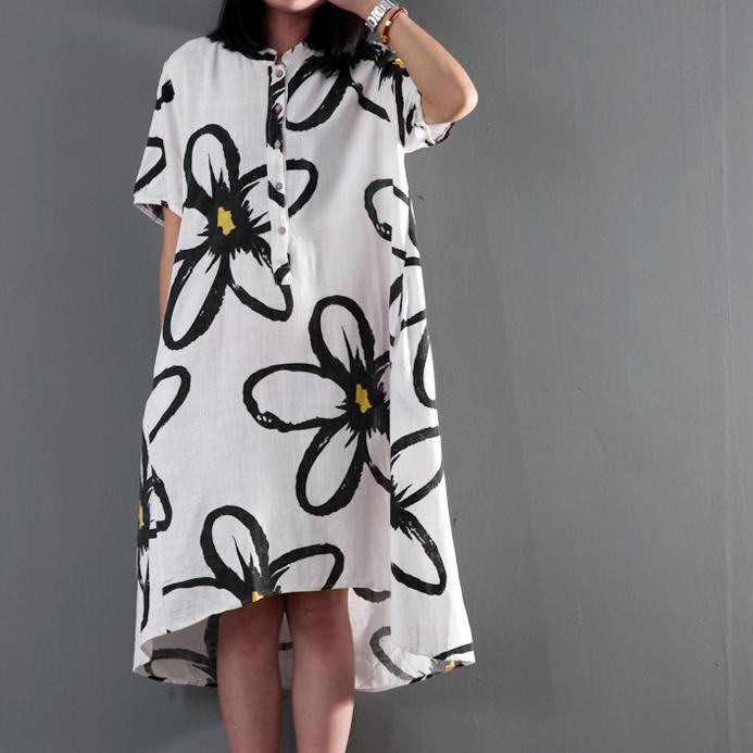 Plus size sundress linen summer maxi dress floral shift dresses in white - Omychic