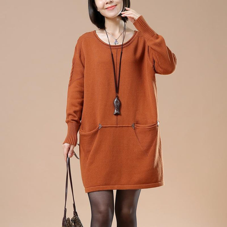 Plus size sweaters in orange with pockets  design - Omychic