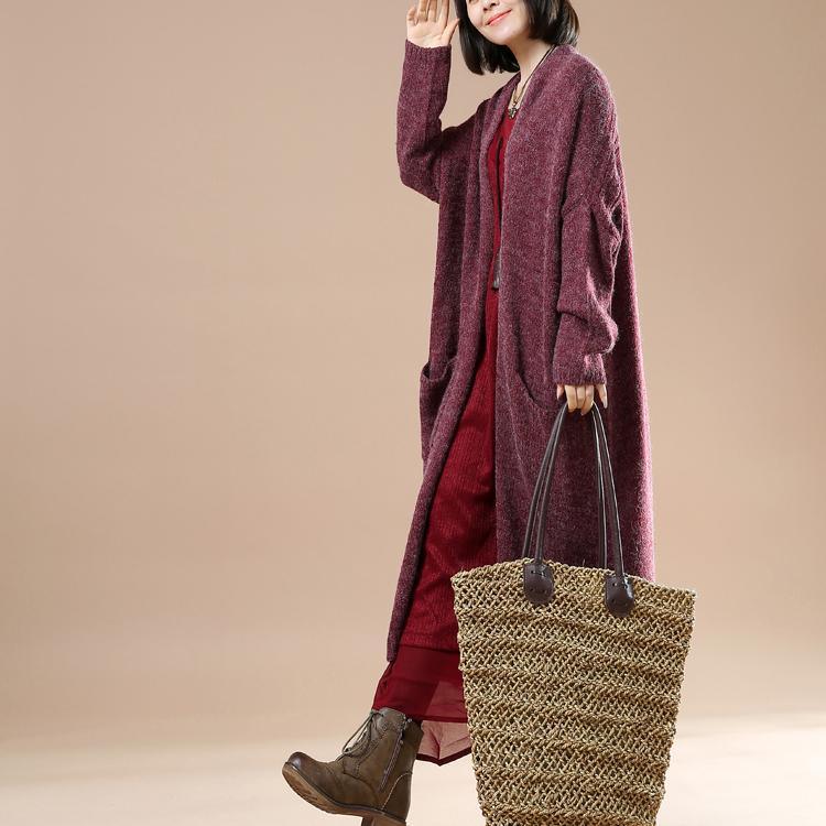 Plus size sweaters long cardigans in burgundy - Omychic