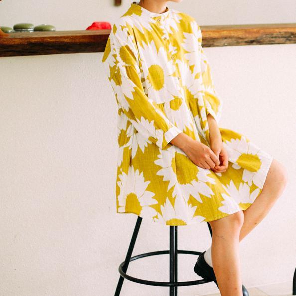 Plus size sweet yellow daisy print spring dress linen shift dress - Omychic