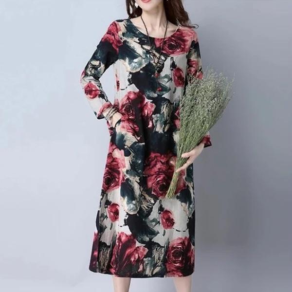 Plus size Print Long sleeves Pocket Casual Dress Slim plus size female clothing Vestidos - Omychic