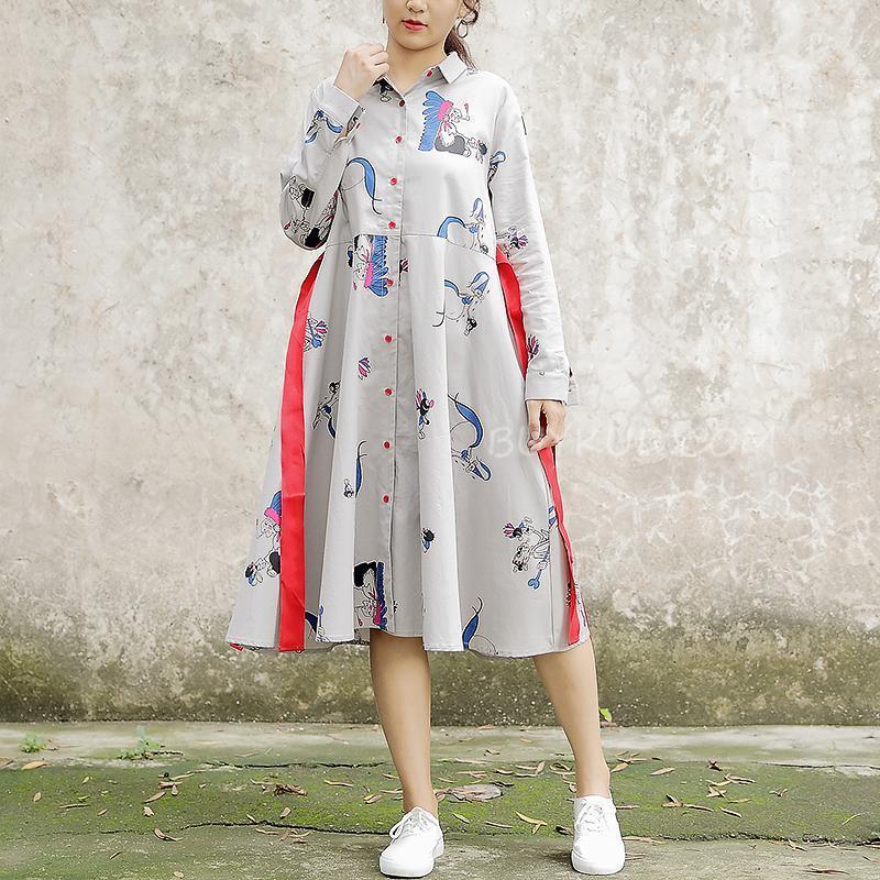 Polo Collar Long Sleeve Cartoon Printed Cotton Dress - Omychic