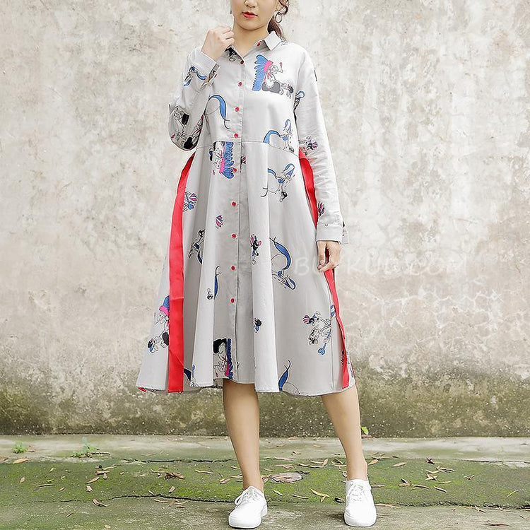 Polo Collar Long Sleeve Cartoon Printed Cotton Dress - Omychic
