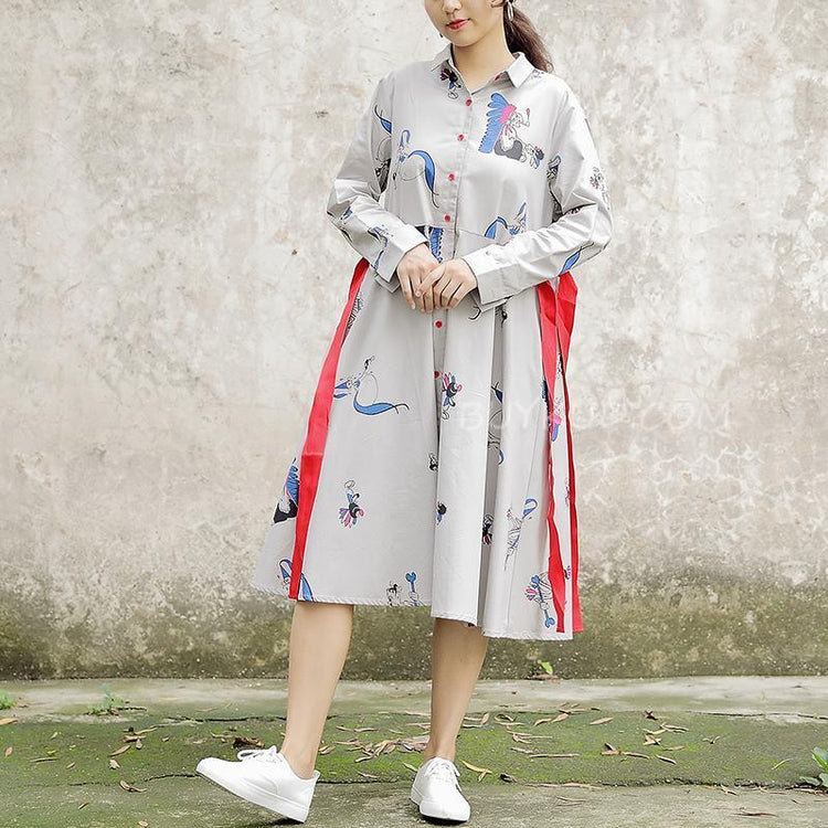 Polo Collar Long Sleeve Cartoon Printed Cotton Dress - Omychic