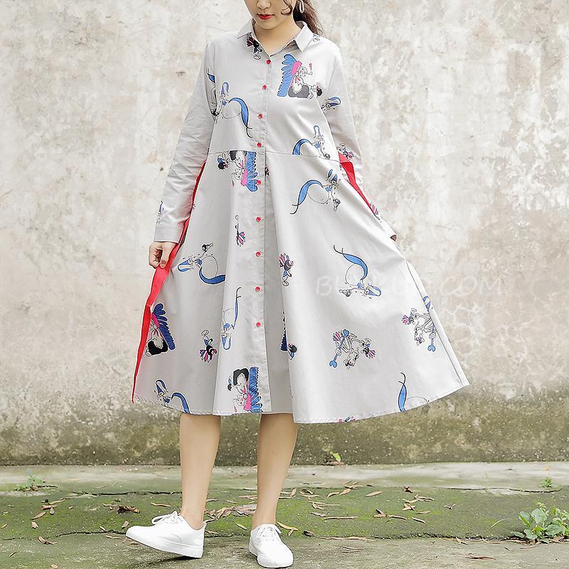 Polo Collar Long Sleeve Cartoon Printed Cotton Dress - Omychic