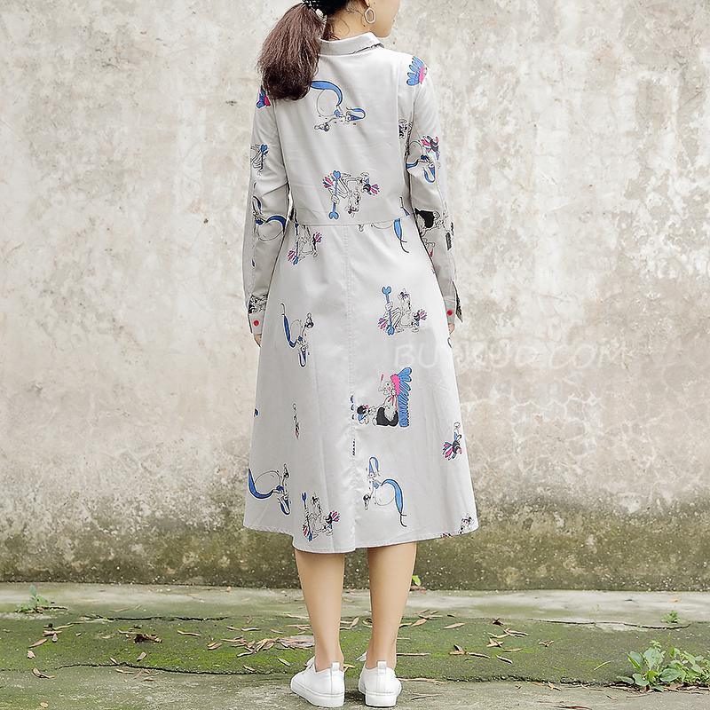 Polo Collar Long Sleeve Cartoon Printed Cotton Dress - Omychic