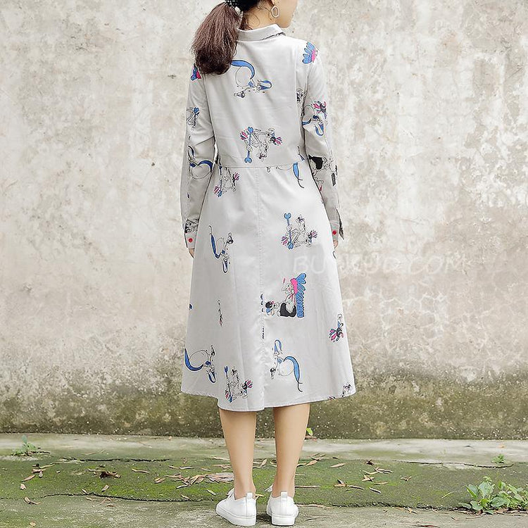 Polo Collar Long Sleeve Cartoon Printed Cotton Dress - Omychic