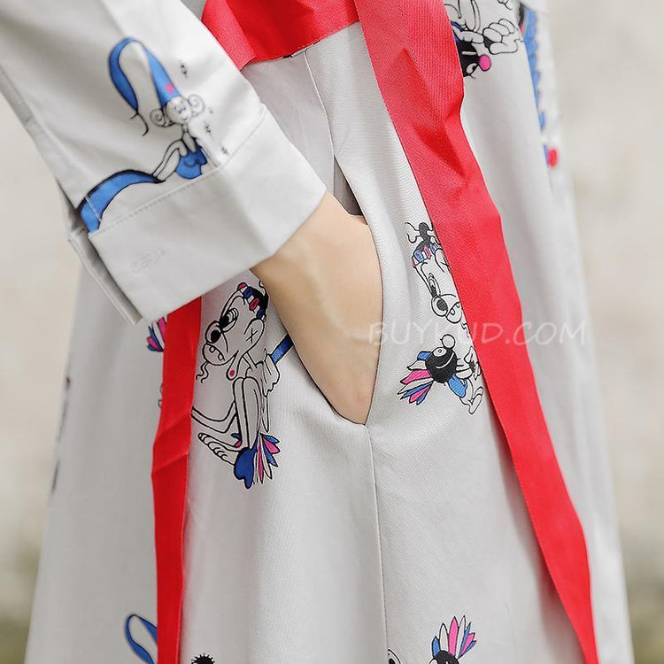 Polo Collar Long Sleeve Cartoon Printed Cotton Dress - Omychic