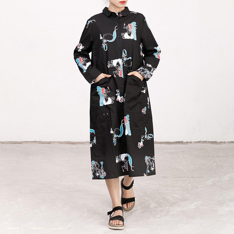 Polo Collar Long Sleeve Printed Black Pleated Dress - Omychic