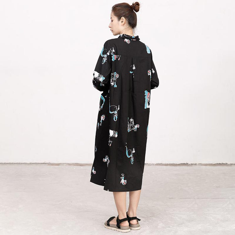 Polo Collar Long Sleeve Printed Black Pleated Dress - Omychic