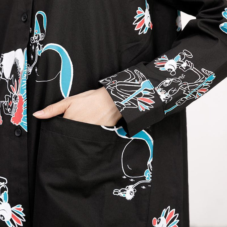 Polo Collar Long Sleeve Printed Black Pleated Dress - Omychic