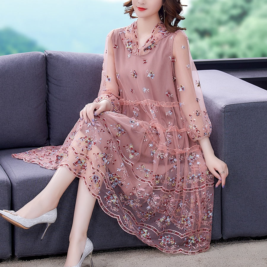 Plus Size Loose Premium Pink Embroidered Silk Dress