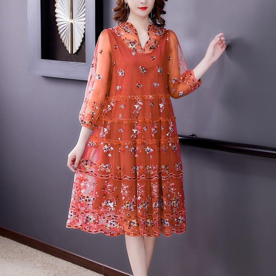 Plus Size Loose Premium Pink Embroidered Silk Dress
