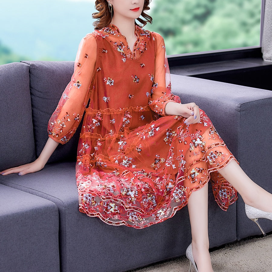 Plus Size Loose Premium Pink Embroidered Silk Dress