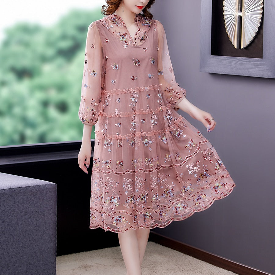 Plus Size Loose Premium Pink Embroidered Silk Dress