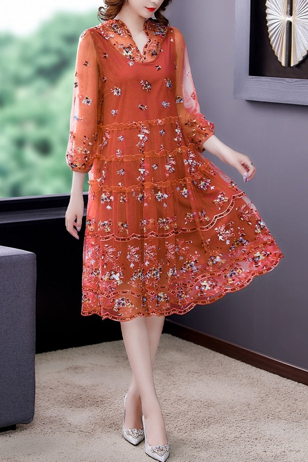 Plus Size Loose Premium Pink Embroidered Silk Dress