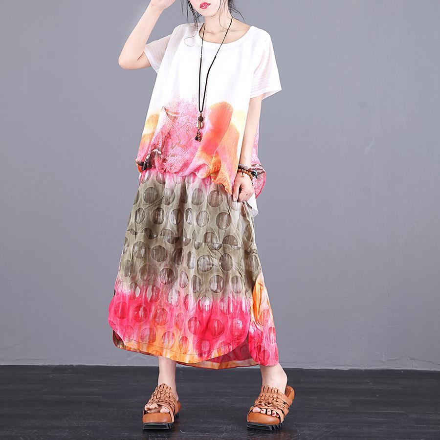 Print 2019 female summer new long paragraph loose literary casual short sleeve two-piece skirt - Omychic