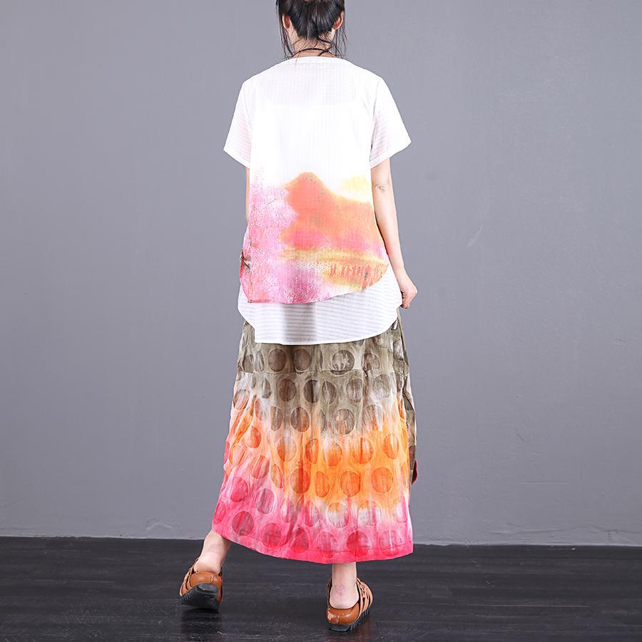 Print 2019 female summer new long paragraph loose literary casual short sleeve two-piece skirt - Omychic