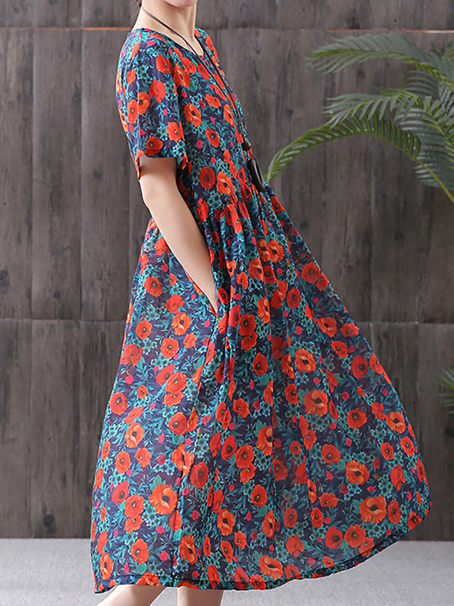 Floral Printed Cotton Linen Loose A-Line Dress