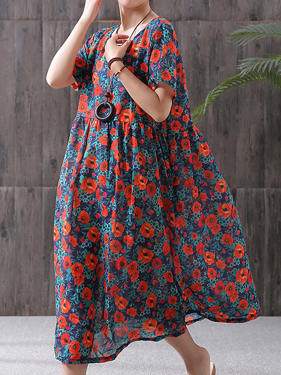 Floral Printed Cotton Linen Loose A-Line Dress