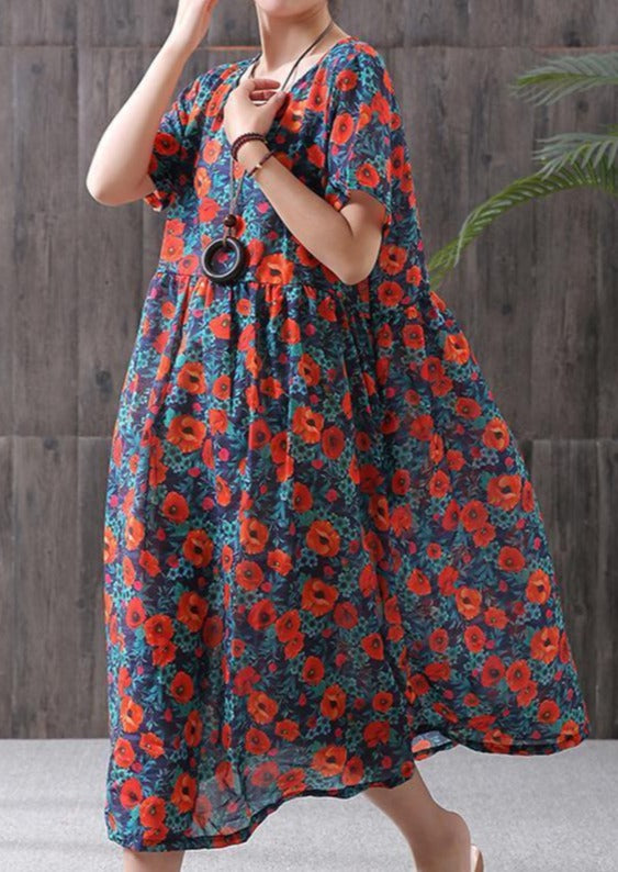 2021 Print Cotton Linen Loose A-Line Dress - Omychic