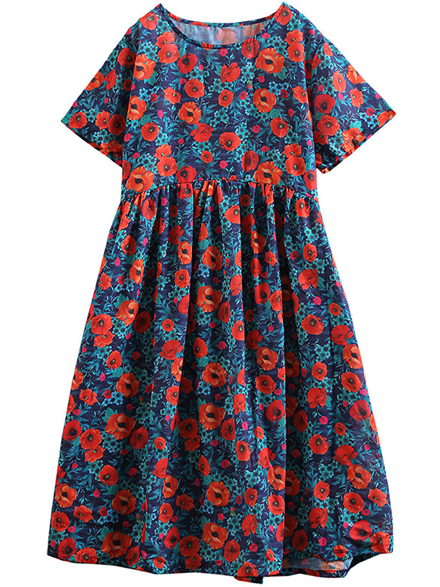 Floral Printed Cotton Linen Loose A-Line Dress