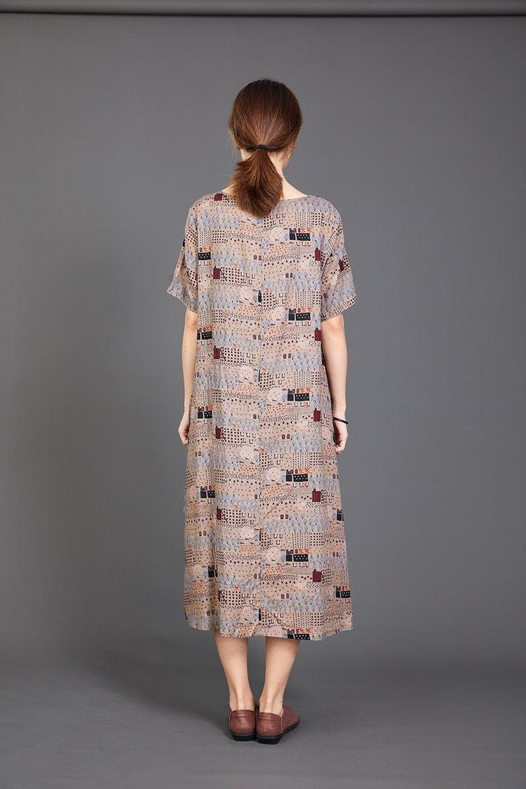 Print Lacing Loose Short Sleeve Casual Dress - Omychic