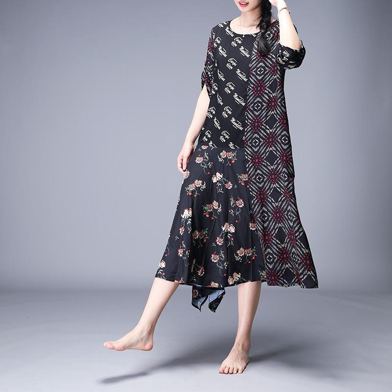 Print Mulberry Silk Spliced Irregular Dress - Omychic