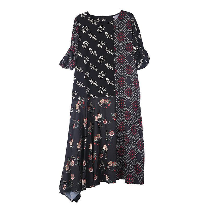 Print Mulberry Silk Spliced Irregular Dress - Omychic