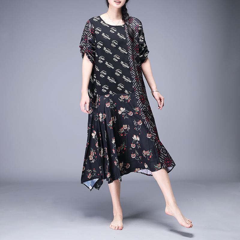 Print Mulberry Silk Spliced Irregular Dress - Omychic