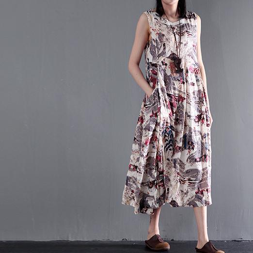 Print floral cotton maxi dress summer sleeveless dresses gown fit flare dress - Omychic