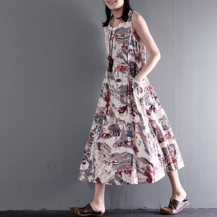 Print floral cotton maxi dress summer sleeveless dresses gown fit flare dress - Omychic