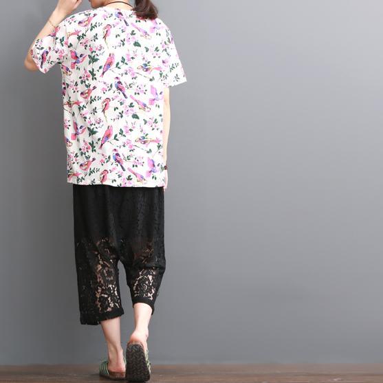 Print summer cotton shirt women loose bouse short sleeve - Omychic