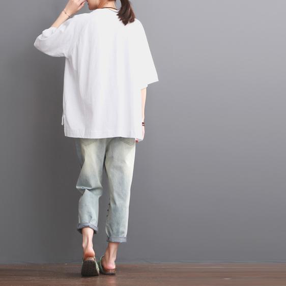 Print summer women white cotton blouse shirt top - Omychic