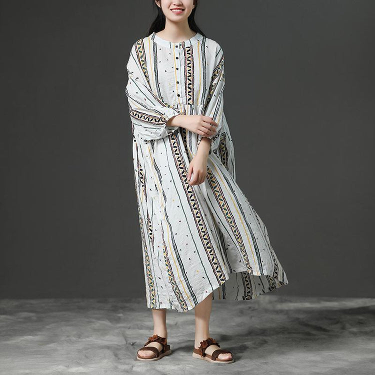 Printing Beige Women Stand Collor Cotton Dress - Omychic