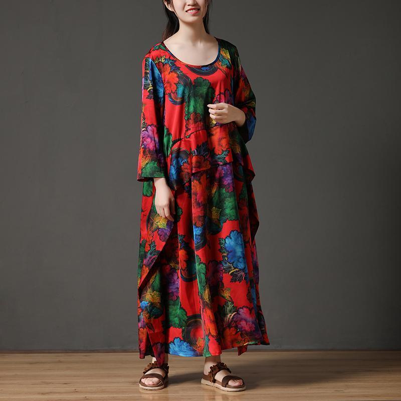 Printing Long Sleeve Loose Round Neck Polyester Dress - Omychic