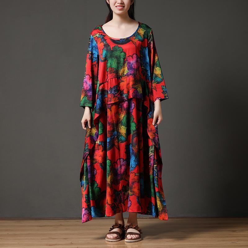 Printing Long Sleeve Loose Round Neck Polyester Dress - Omychic