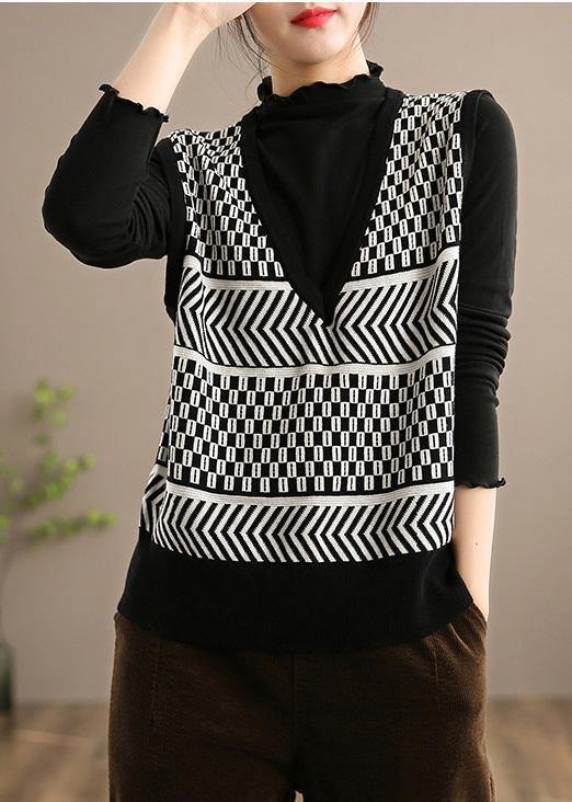 Pullover Black Striped Knitwear V Neck Sleeveless Knit Blouse - Omychic