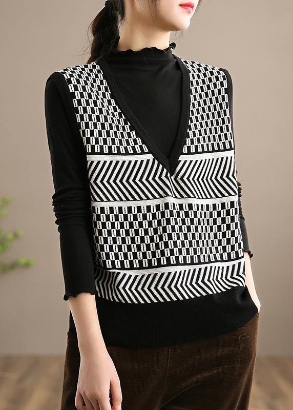 Pullover Black Striped Knitwear V Neck Sleeveless Knit Blouse - Omychic